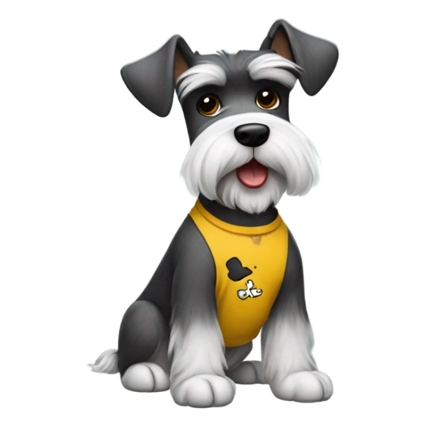 Schnauzer wearing a Charlie Brown shirt sticker