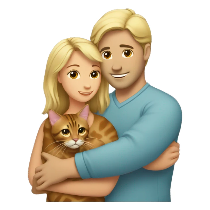 A blond man hugs a brown-haired woman and a bengal cat sticker