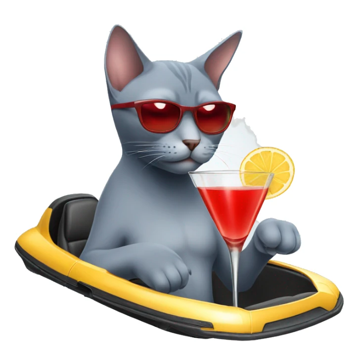 Russian blue cat wearing a red swimsuit drinking a martini and driving a Lamborghini  sticker
