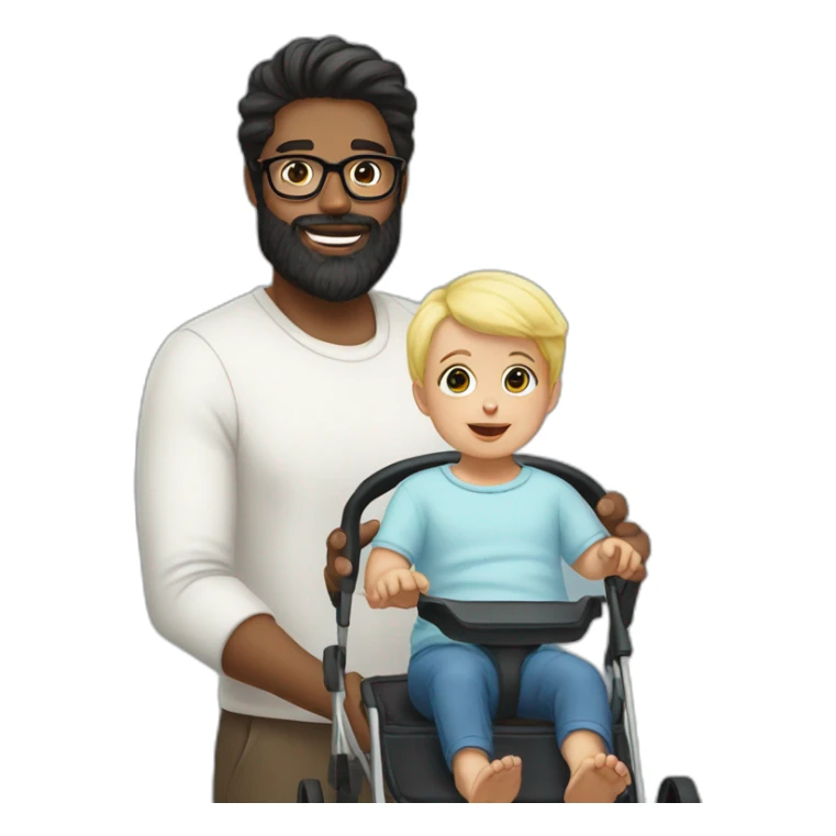 Black haired man with beard and glasses pushing buggy with blonde baby sticker