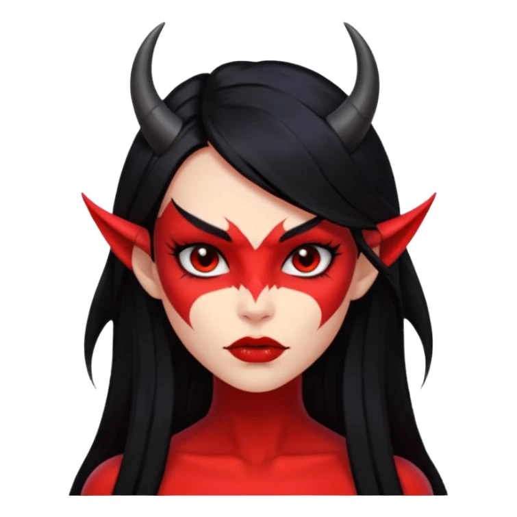 Head only demon girl, strong pronounced cheekbones, sharp angular jawline, skin fully pure red everywhere, long straight sleek black hair, small ho sticker