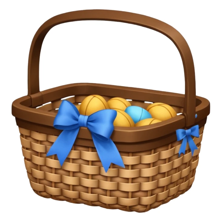 A basket with a blue ribbon on the handle sticker