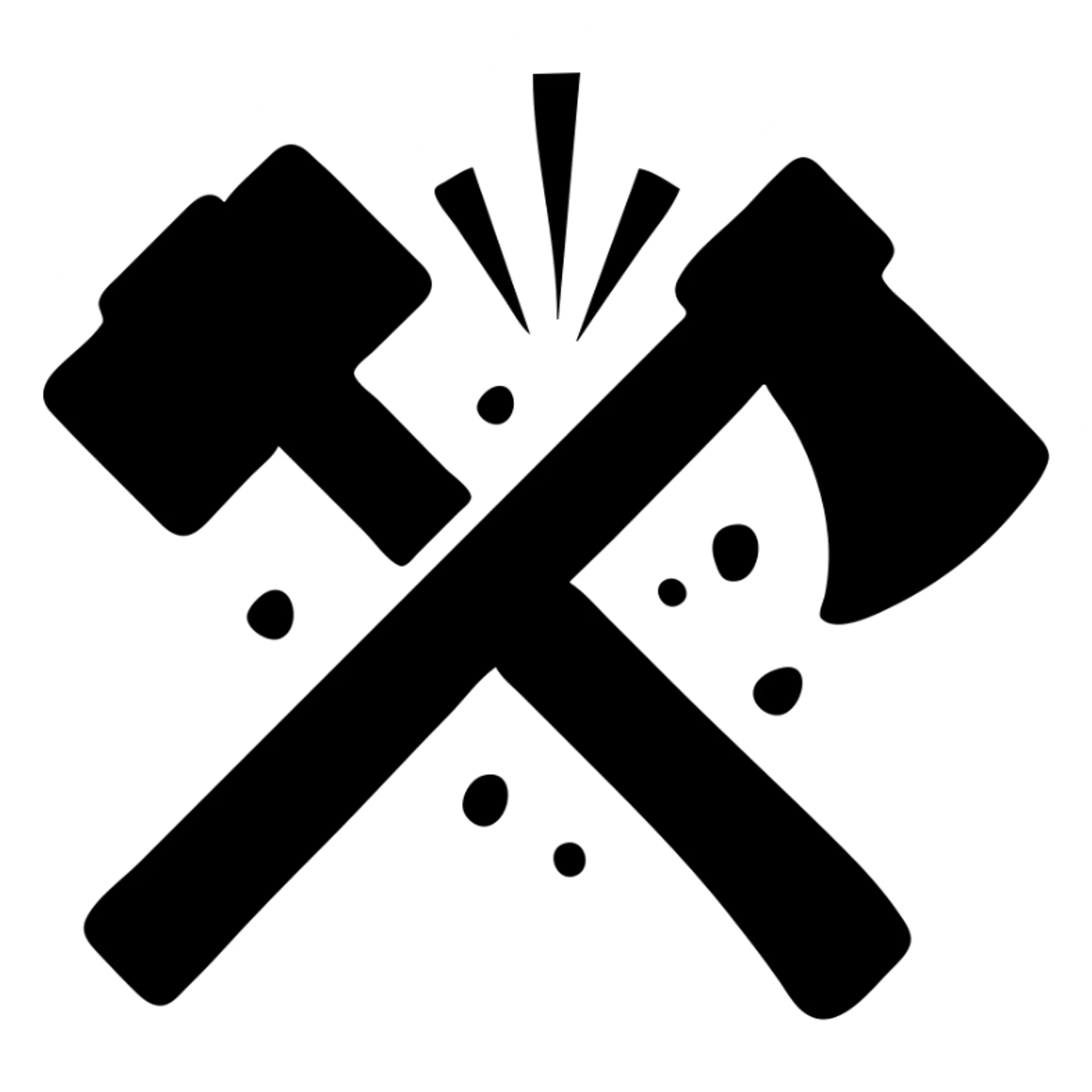 a hammer and axe colliding, sparks and debris, bold and simple icon style sticker