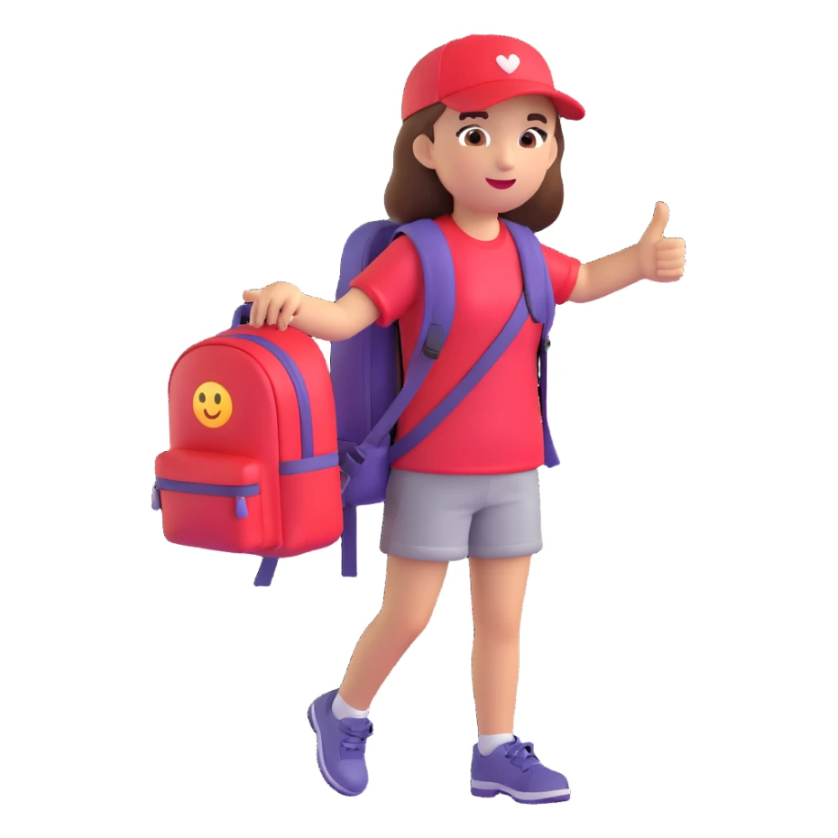 young girl with red backpack, left hand pointing up to the left, emoji style sticker