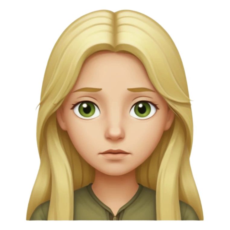 blonde with long hair and swamp-colored eyes, thoughtful expression, iOS Apple emoji style sticker