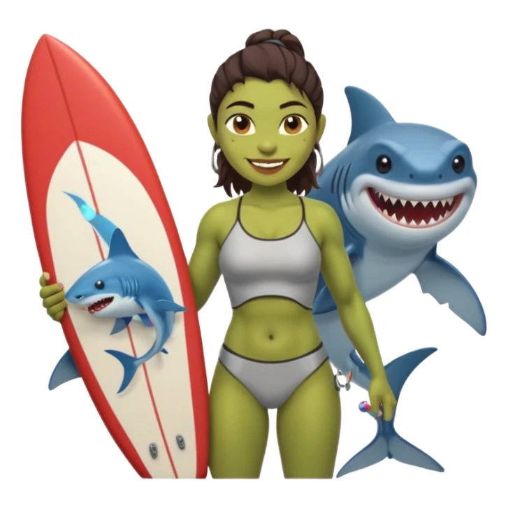 orc female holds a little surfboard with a shark painted vertically in his hands sticker