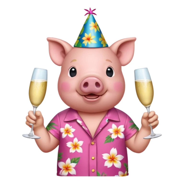 Pig with aloha shirt, birthday hat, champagne glass sticker