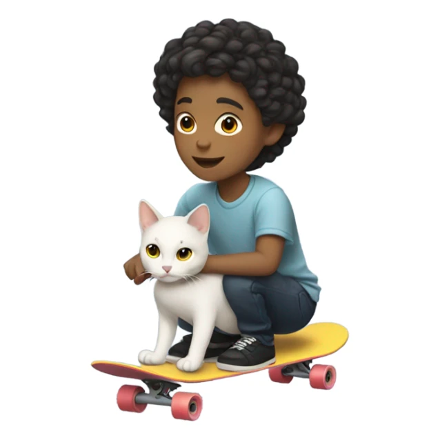 White and Asian boy with middle part on a skateboard with a cat sticker