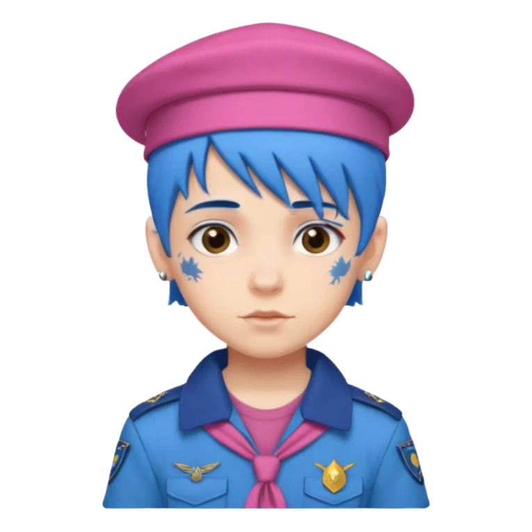 scout boy with very pink scout uniform, blue haired and hat, tattoed sticker