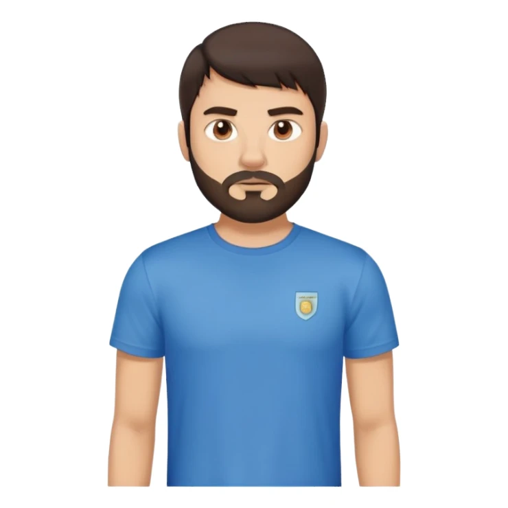 Argentine male with straight dark brown hair and bangs, short complete beard, serious neutral face, wearing plain blue t-shirt sticker