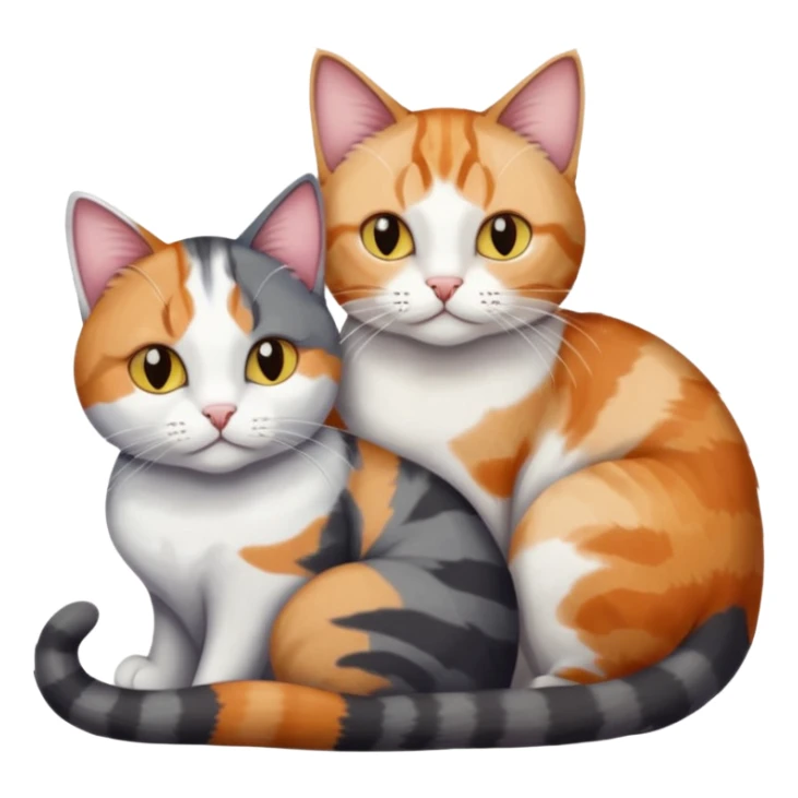 two cats in love, a colourful light patched calico + white tabby cat cuddling a bigger cat that is dark grey and white tabby cat sticker