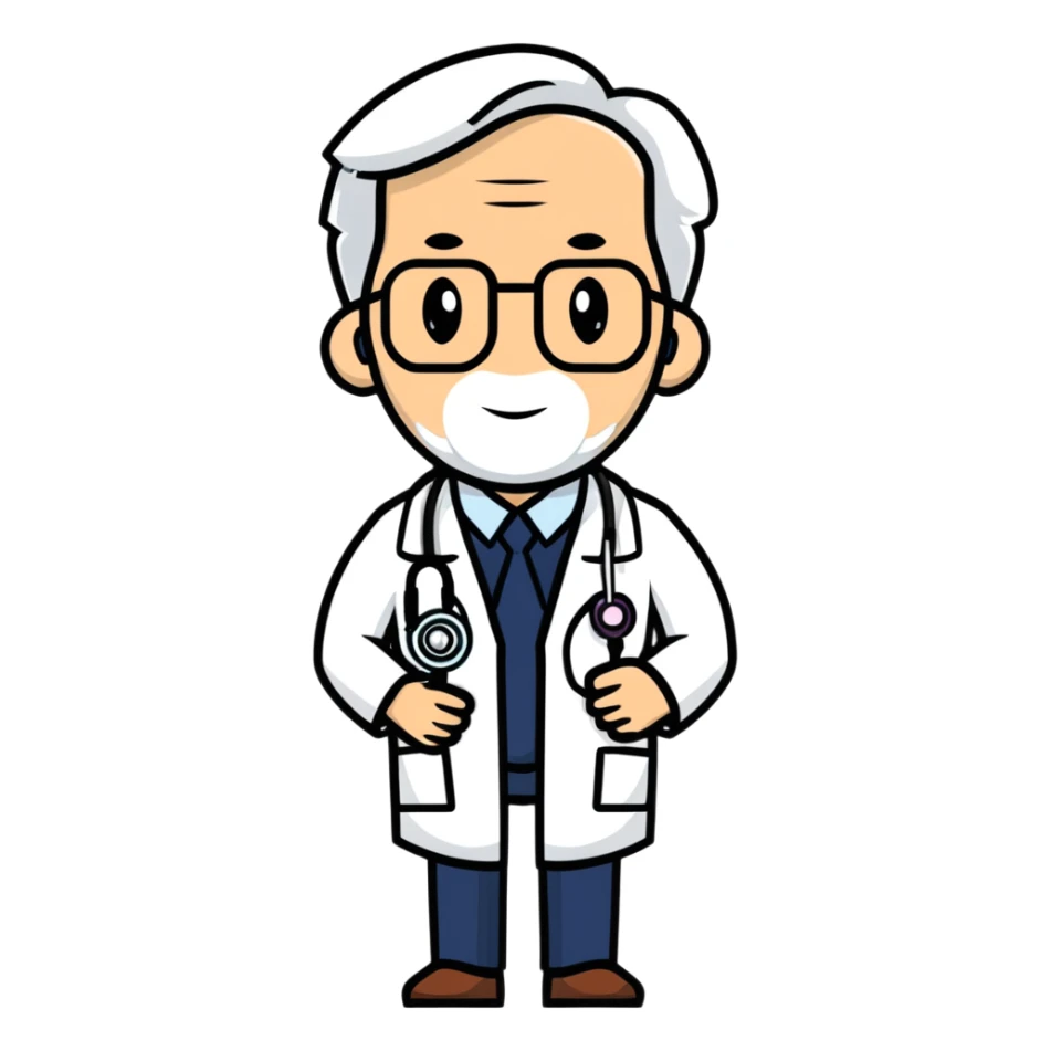 professional mature male doctor around 60 with stethoscope and white coat sticker