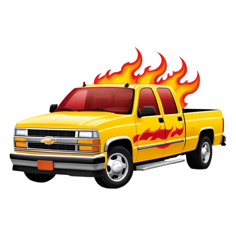 1997 yellow Chevy C-2500 Crew Cab with intricate airbrushed red flame design spreading across front, realistic flame artwork like in Kill Bill movie, 30-degree view, iOS emoji style sticker