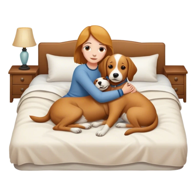 Dog and human cuddling on a bed sticker