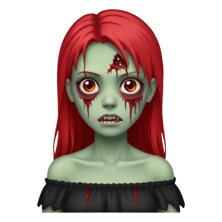 Garota zumbi com cabelo liso longo e mechas vermelhas na lateral da cabeça dos dois lados, usando uma blusa com manga caida preta sticker
