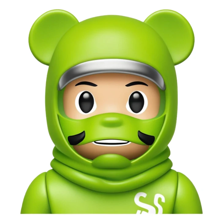 bearbrick toy wearing a lime green balaclava with Supreme logo and thick aggressive eyebrows showing above sticker