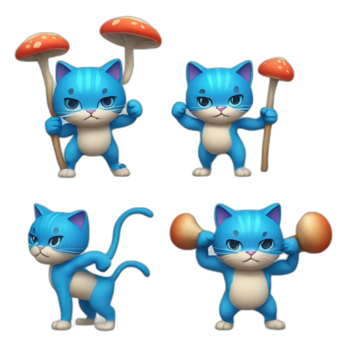 Strong muscles Blue cat NO ears wearing a mushroom cap carrying a stick in one arm standing on two legs with pants sticker