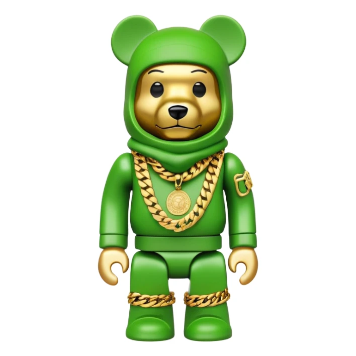 geometric bearbrick with lime balaclava filled with street brand logos graffiti style, wearing multiple heavy gold chains, cuban links and gold medallion, hip hop style sticker