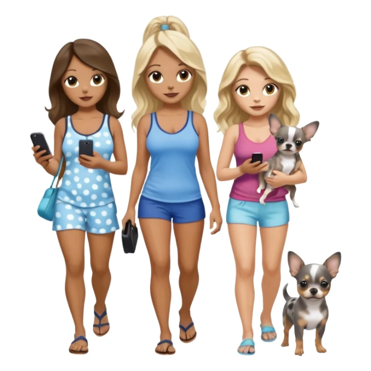 Three pretty women in beach clothes walking 2 dogs, blue and gray spotted Merle Frenchie and walking a black and tan chihuahua puppy, holding iPhone, hazel eyed light skin with dark blonde long hair and light light skin hazel eyed long wavy brown hair, blue eyed light skin long blonde hair  sticker
