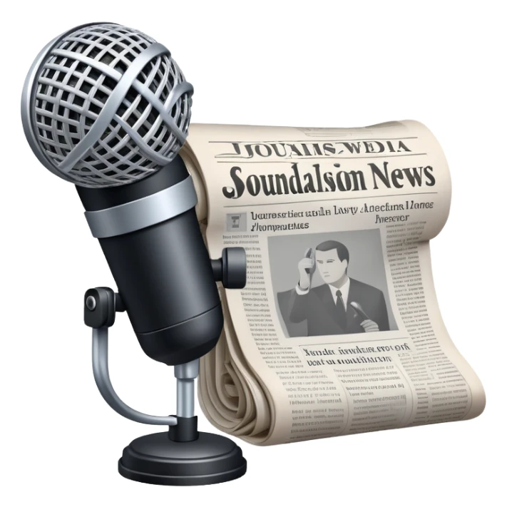 An icon featuring a microphone, a newspaper, and a camera, representing journalism and mass media. The design includes soundwaves and headlines, symbolizing the spread of information and news. Transparent background highlights the power of communication and media. sticker