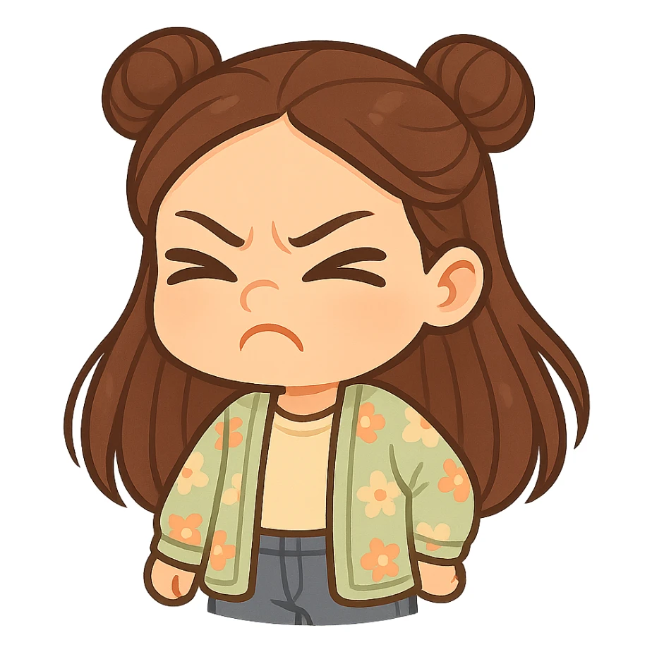 Create a chibi sticker of the girl from the reference image. She has brown straight hair in double buns, brown eyes, wearing a pastel floral cardigan and jeans. She is scrunching up her nose and closing her eyes, looking like she smelled something terrible. The sticker should have a white outline and transparent background, 512x512px. sticker