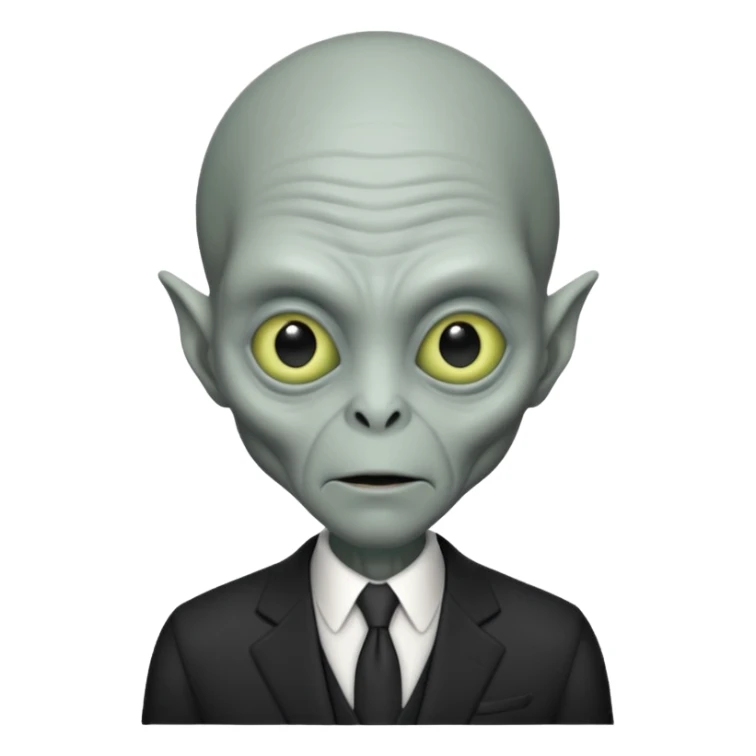 an old alien with black suit, grey skin, neutral sticker