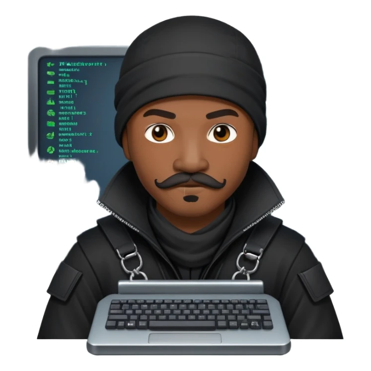 african-american web developer mustache mercenary black asymmetrical ninja hacker terminal command center sticker