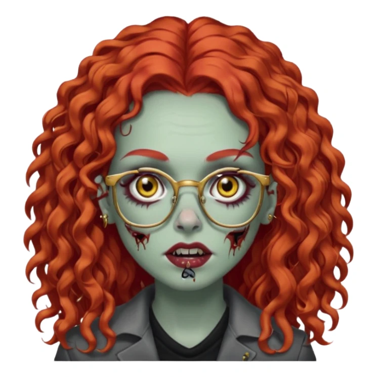 create a zombie with long red curly hair, thick lashes, black square glasses, gold nose piercings on each side of her nose, and a gold eyebrow piercing. sticker