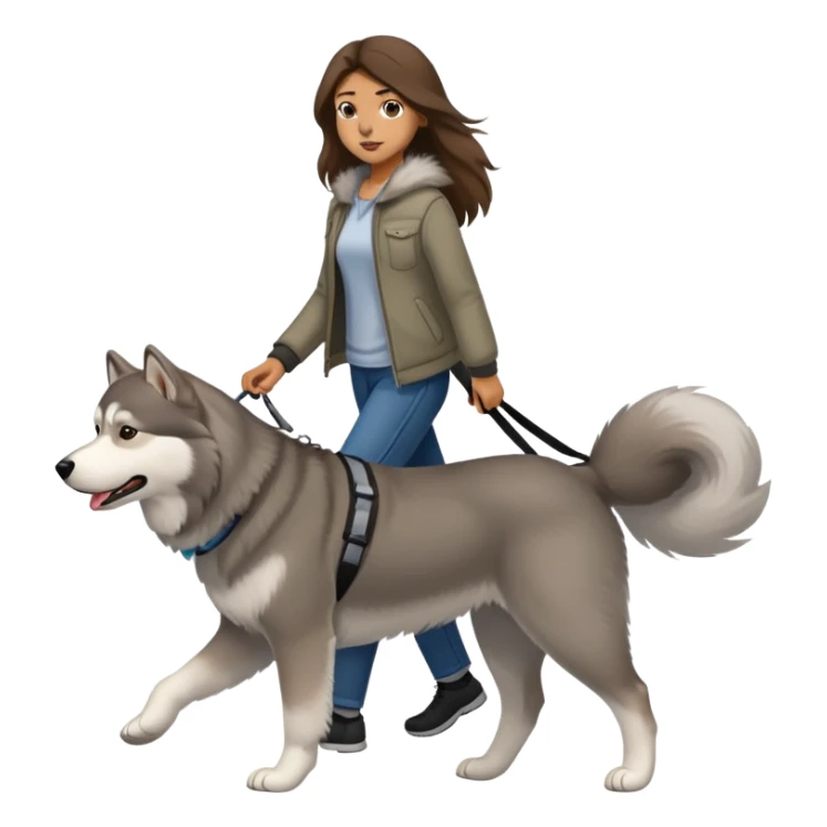 A girl with long brown hair walks a gray Alaskan sticker
