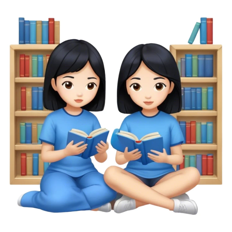 two asian girls black hair sitting reading blue books sticker