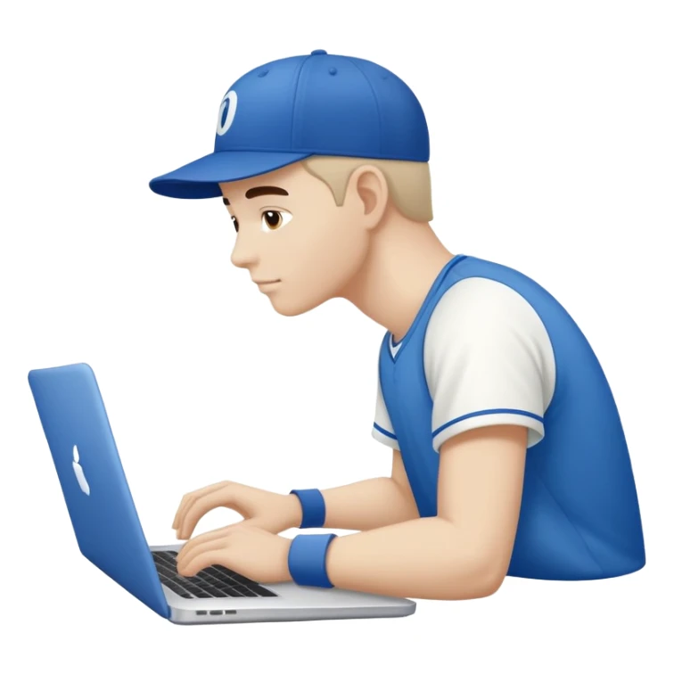 men with a blue white colored baseball cap seen from the side working on a laptop. Baseball cap says "On it" sticker