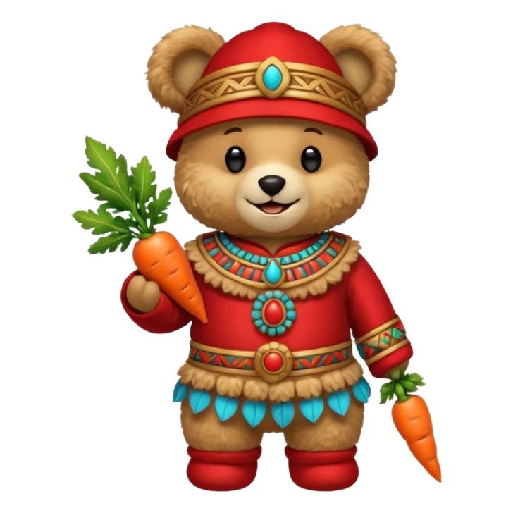 teddy bear, wearing red mayan ancient custome, with carrot sticker