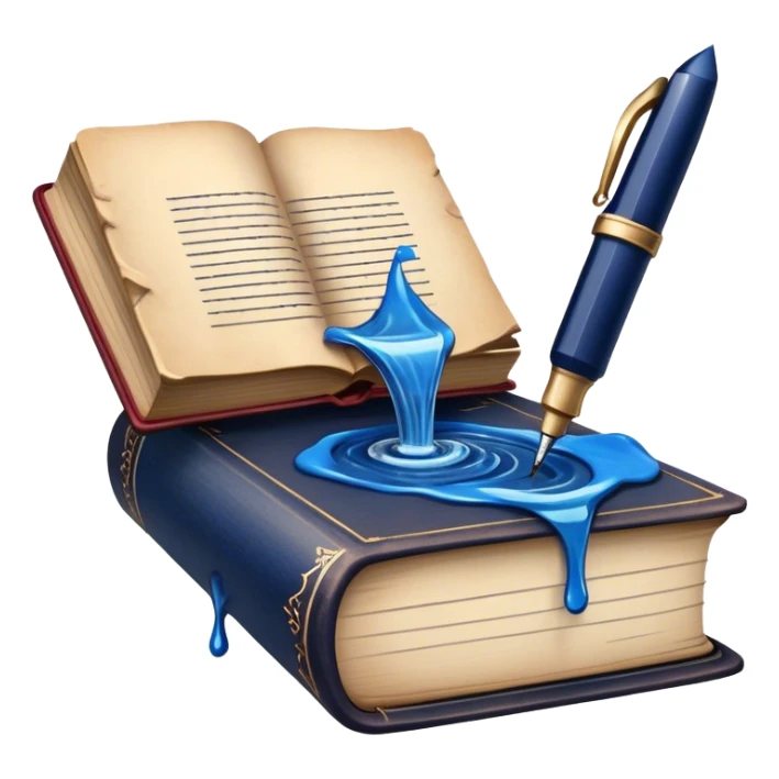 Create a vibrant emoji representing prose writing with an old-style, antique look. The design should include semi-turned pages of an old book with unfinished prose written on them. Add a vintage ink bottle (inkwell) and a classic fountain pen or quill with black or dark blue ink flowing onto the pages. Use warm, earthy tones like deep browns, golds, and creams for the book and ink bottle, with subtle ink splatters for an artistic touch. The overall style should evoke a sense of timeless storytelling and literary craftsmanship. Make the background transparent. sticker