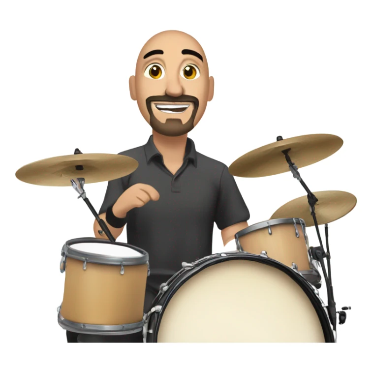 draw a bald mexican drummer with  goatee beard, widely smiling and enthusiastically playing drums during a live stream. The logo "JAVI IDA" should be visible in the background. sticker