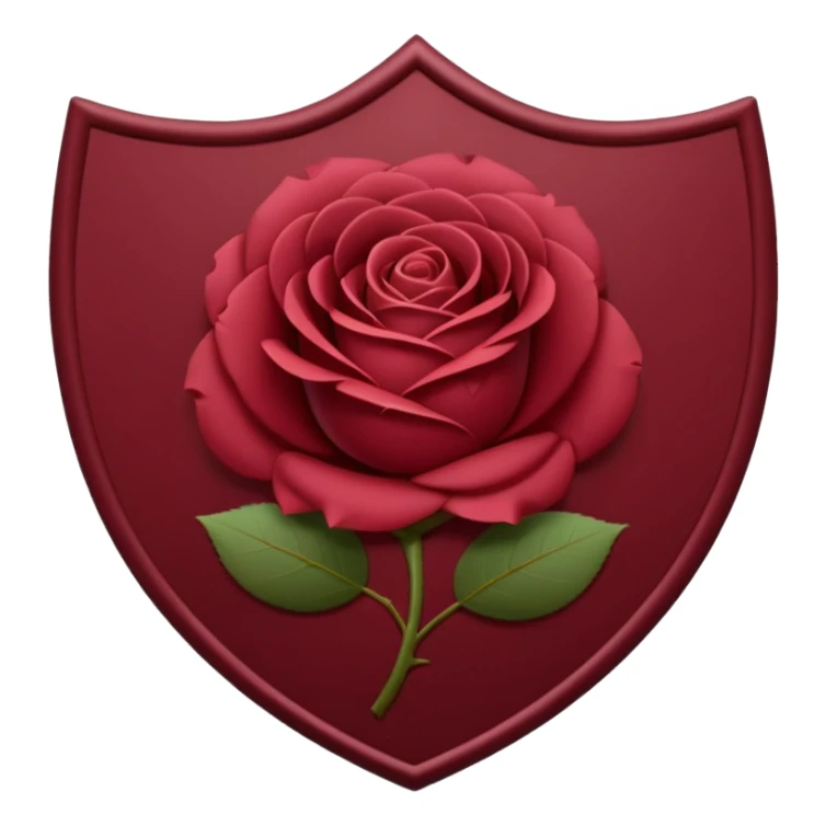 A smooth, rounded shield silhouette in deep wine red (#7A0F1E) with a centered minimalist rose emblem. The rose should be elegant and simple, with soft curved petals and subtle symmetry. sticker
