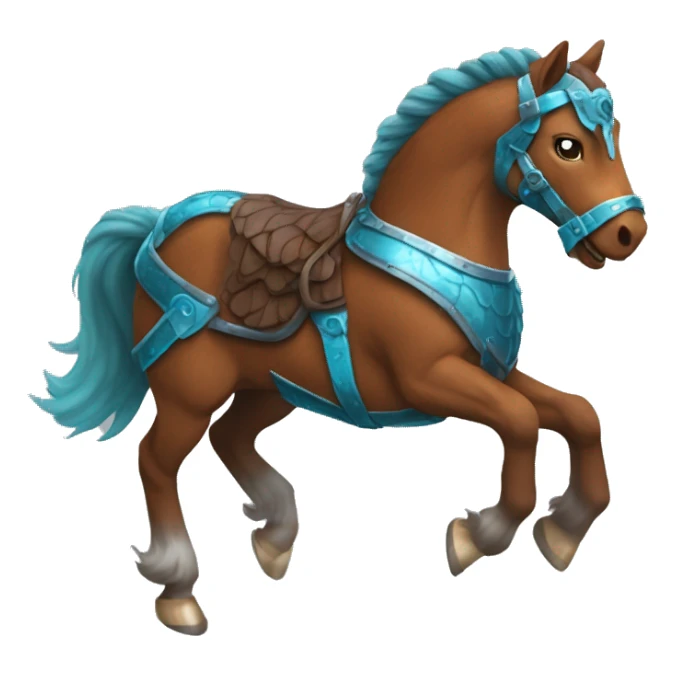 Chestnut brindle brindled horse running galloping wearing blue and cyan armour  sticker