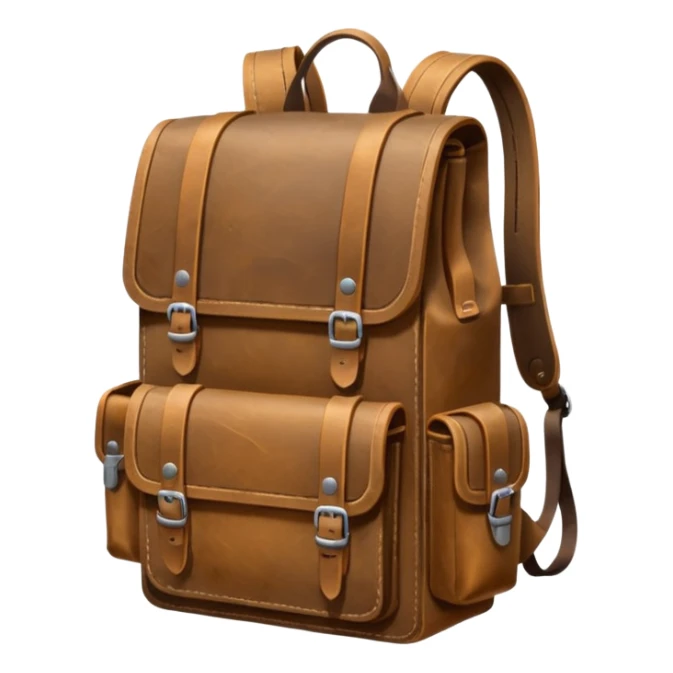 A sturdy, weathered leather backpack with metal-reinforced flaps and deep, practical pockets. Scratched and rugged from long travel, it has a solid, utilitarian look—built for harsh roads and hard use. sticker