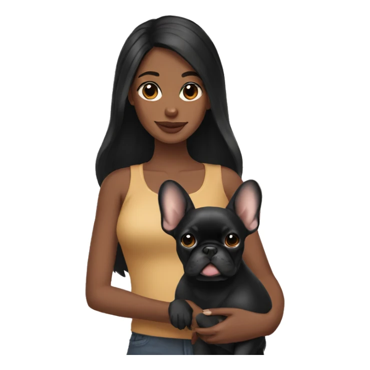 Black hair girl holding a  tan Frenchie sticker