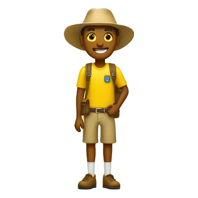 Welcoming tourist to his place to stay. Yellow. Background. sticker