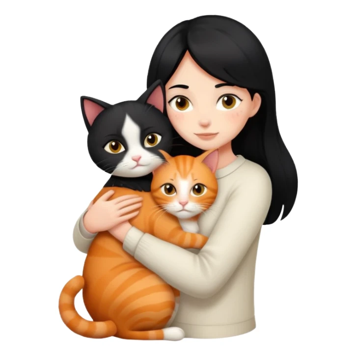A black-haired girl hugs a ginger cat and  A black cat sticker