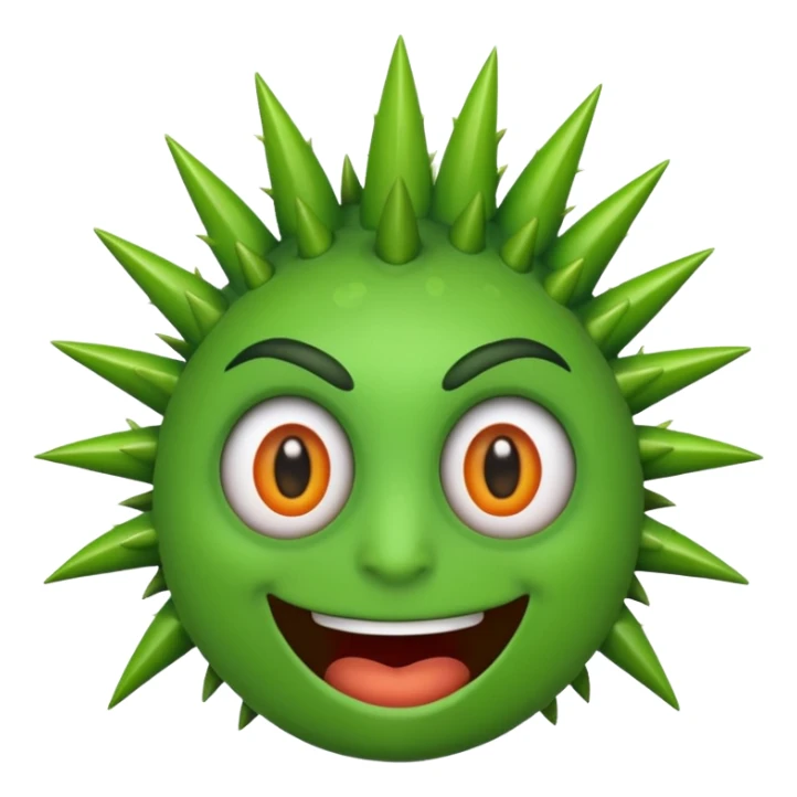 A green emojicon that has crazy eyes and green spikes at the top sticker
