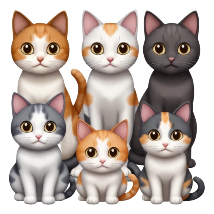 4 different coloured short haired cats including; a dark brown and white cat, and a dark grey and white, and a calico sticker