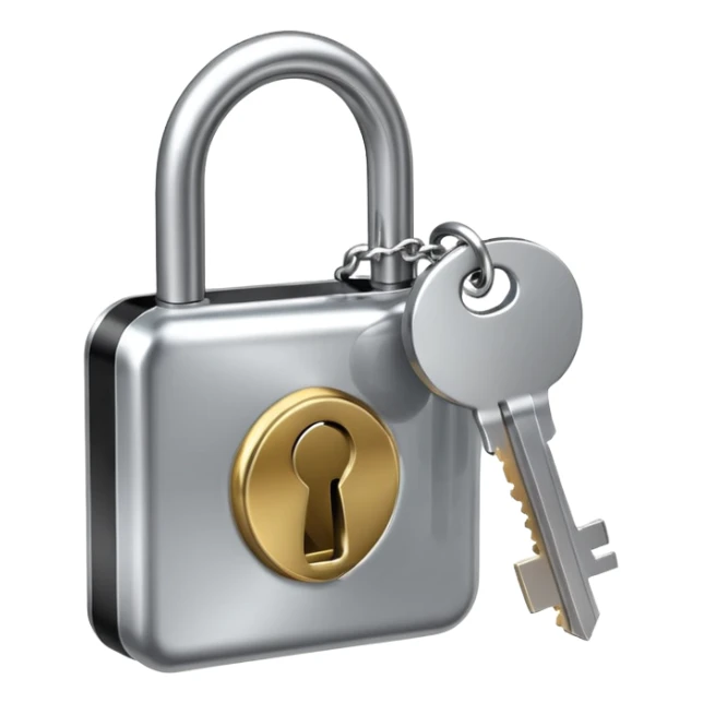 A chrome silver lock and key emoji, smooth metallic surfaces, glossy reflections, luxury swag vibe, minimal iOS emoji style, centered on clean white background sticker