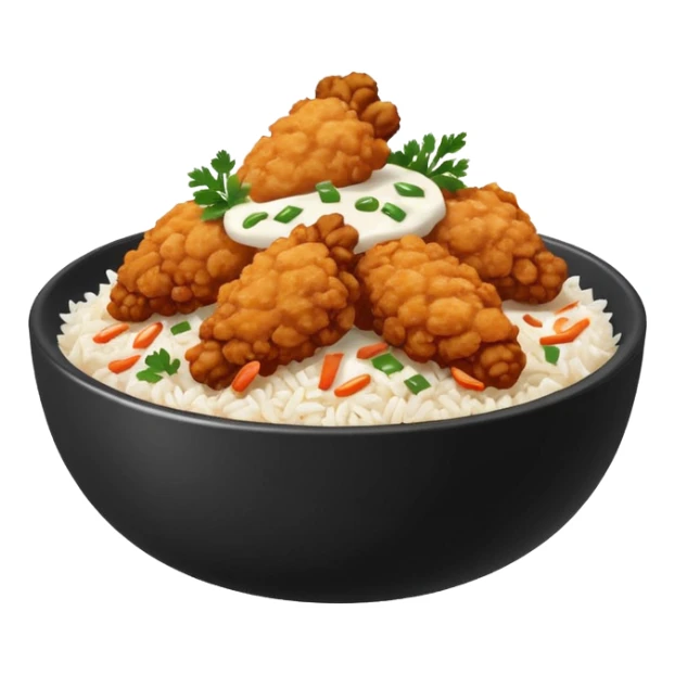 iOS-style food emoji, flat design: round bowl with white rice base, topped with crispy fried chicken pieces, fried onion bits, sweet-and-sour sauce and white sauce zigzag drizzles, finished with parsley flakes, clean shapes, transparent background. sticker