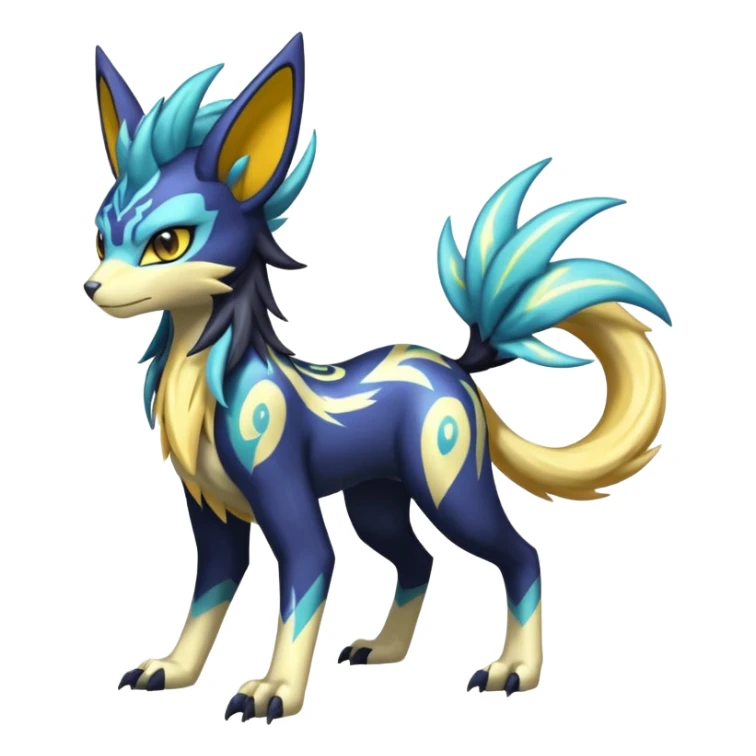 Shiny colorful exotic Feral Scaly Striking Slaying Badass Evil Handsome Lightning-patterned Zig-zagged buzzy fuzzy Meloetta-Renamon-Luxray-Cobalion-Suicune-Vernid-fusion-hybrid-creature, full body  sticker