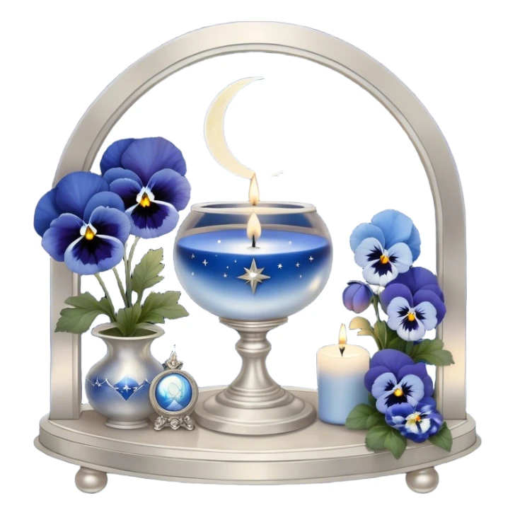 An enchanting night scene where deep blue and light blue pansies gently sway under the soft light of a silver crescent moon. A round, pearl-colored candle sits at the center of a sacred astrological altar, surrounded by silver-trimmed star charts and delicate planetary symbols glowing faintly in the twilight. Nearby, a beautifully crafted crystal sphere rests atop an ancient book of celestial wisdom, reflecting the constellations above. The sky is alive with swirling nebulae and zodiac glyphs, forming intricate cosmic patterns. A faint silver doorway, outlined by threads of lunar energy, shimmers in the background, hinting at hidden knowledge beyond the stars. sticker