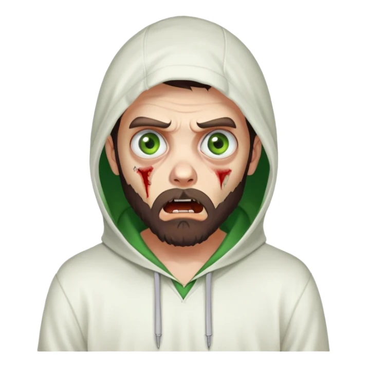 zombie with shocked expression, undercut hairstyle with dark brown hair, short full beard, heterochromia with one green eye and one brown eye, wearing plain white hoodie with hood up sticker