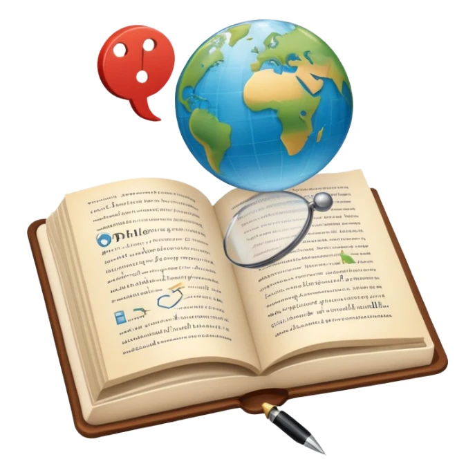 An icon featuring an open book, a speech bubble, and a pen, symbolizing philology and linguistics. The design includes a globe with language characters and grammar symbols, representing the study of languages and literature. Transparent background highlights language analysis. sticker