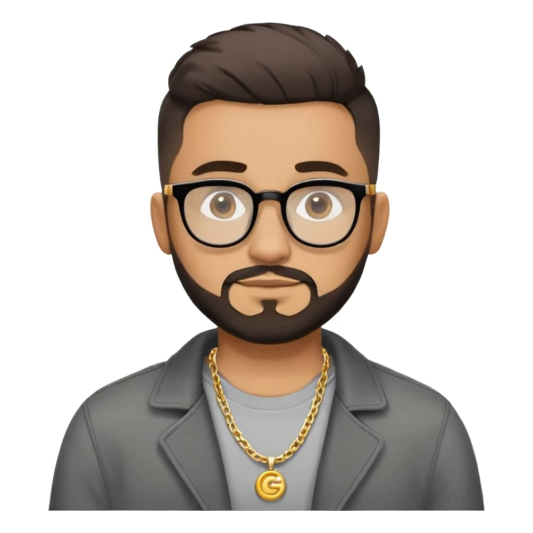 Hombre latino piel marron claro, cara estirada ovalada, gafas redondas oscuras, barba corta, pelo muy corto fade a los lados medio risado. Sonrisa leve, expresión tranquila. Camiseta gris, jacket negro abierto, collar G dorado sticker