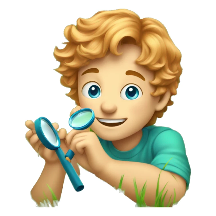 Little boy with blue/turquoise eyes, no glasses, and strawberryblonde wavy hair crouching down low in a lot of green grass. He is holding a magnifying glass, closely examining nature and looking happy/curious sticker